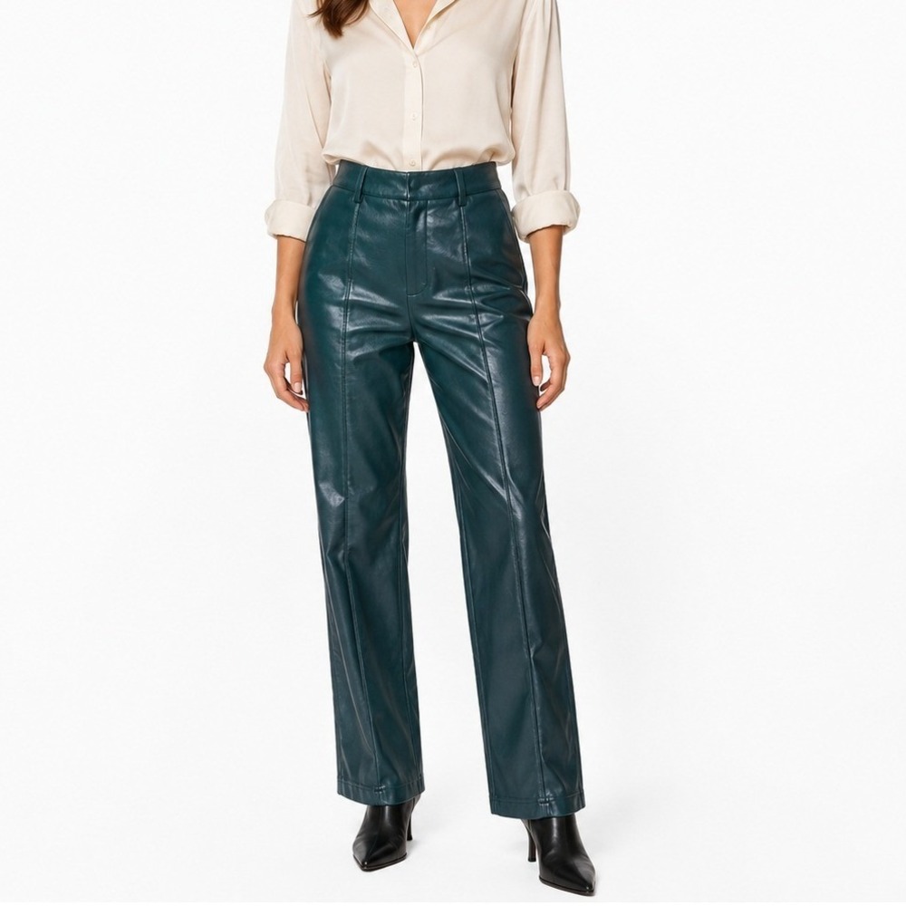 7 For All Mankind High Rise Seam Front Faux Leather Straight Pants Green Size 29
